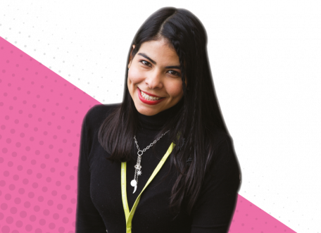 female learner on pink background