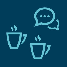 light blue coffee cups and speech bubble icons on dark blue background