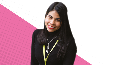 female learner on pink background