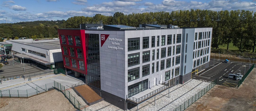 Aerial shot of Torfaen Learning Zone building