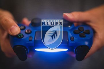 Gaming controller with Cardiff Blues logo