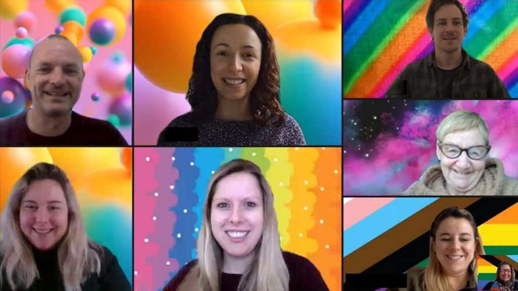 Virtual Team Meeting with rainbow backgrounds