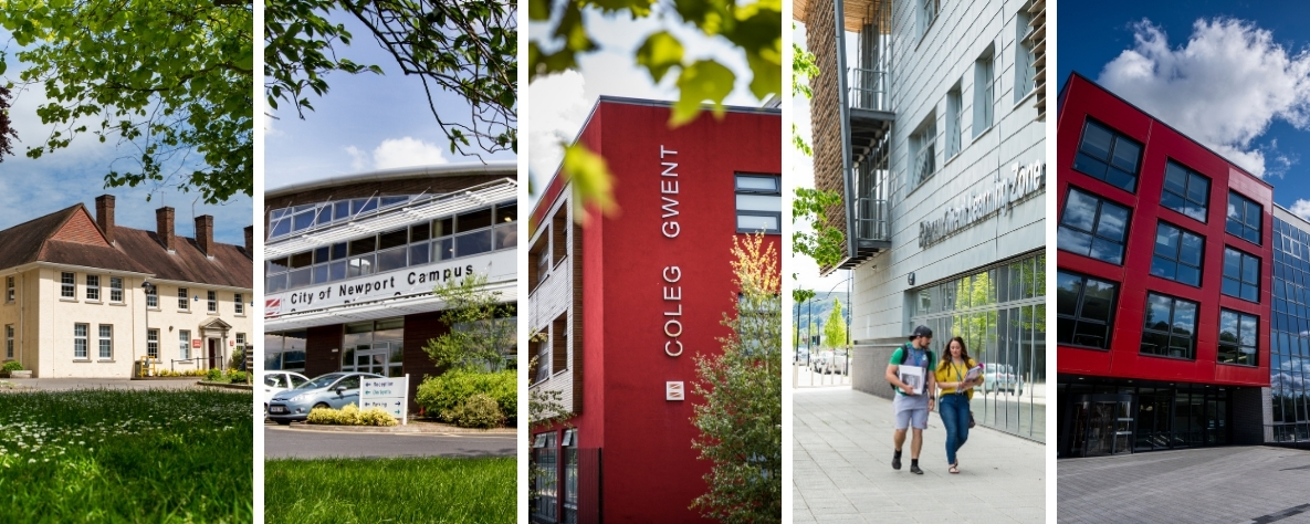 Coleg Gwent's five campuses - Usk, City of Newport, Crosskeys, Blaenau Gwent Learning Zone, and Torfaen Learning Zone