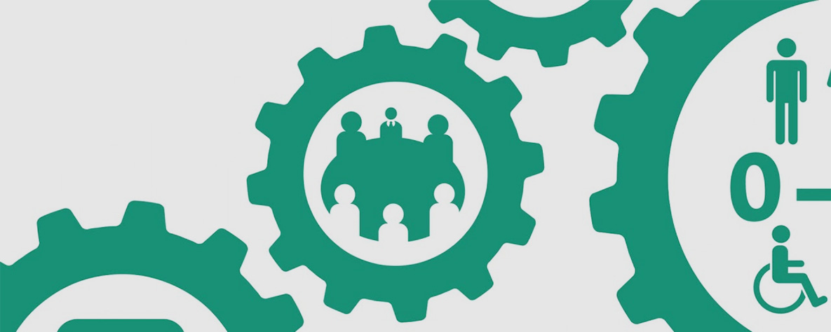 Green cogs with people icons on light grey background