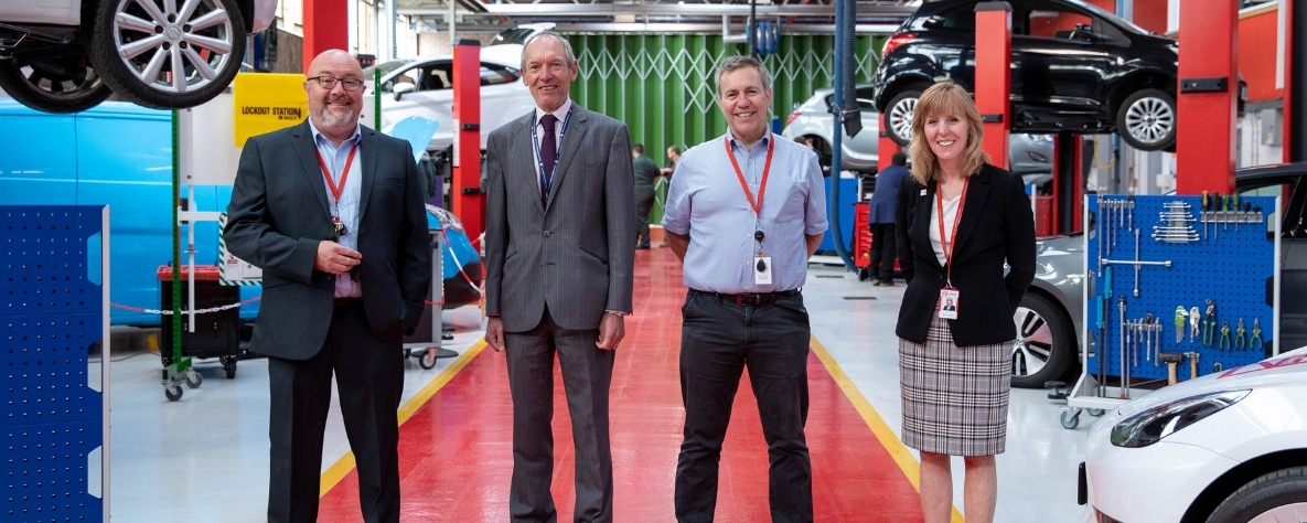 Faclty-Director-John-sexton-John-Griffiths-MS-Head-of-School-Matthew-Collins-Vice-Principal-Nicola-Gamlin-in-the-refurbished-automotive-department