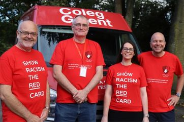 Show racism the red card day - staff wearing red at Coleg Gwent