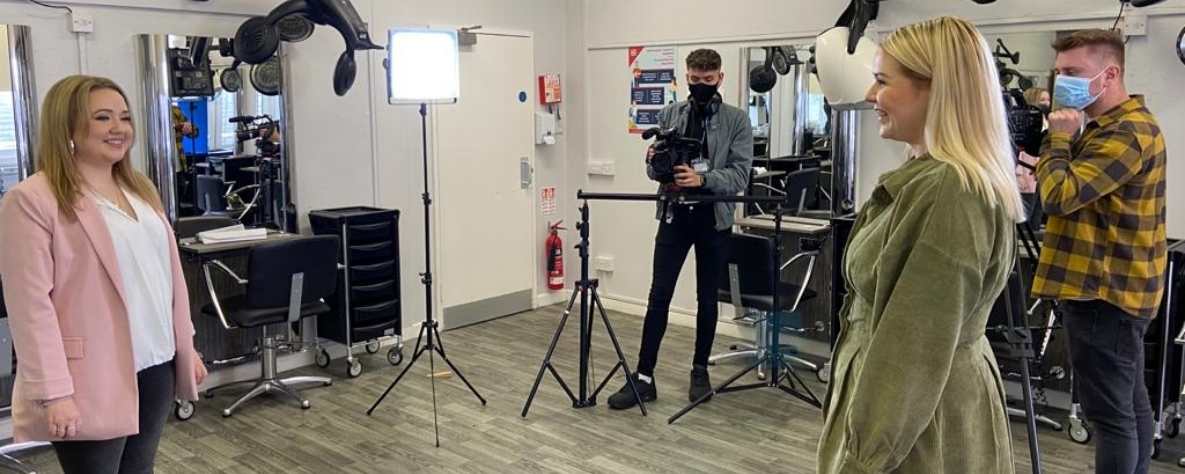 BBC X Ray filming in the hair and beauty department at Coleg Gwent with alumni Liz Orford