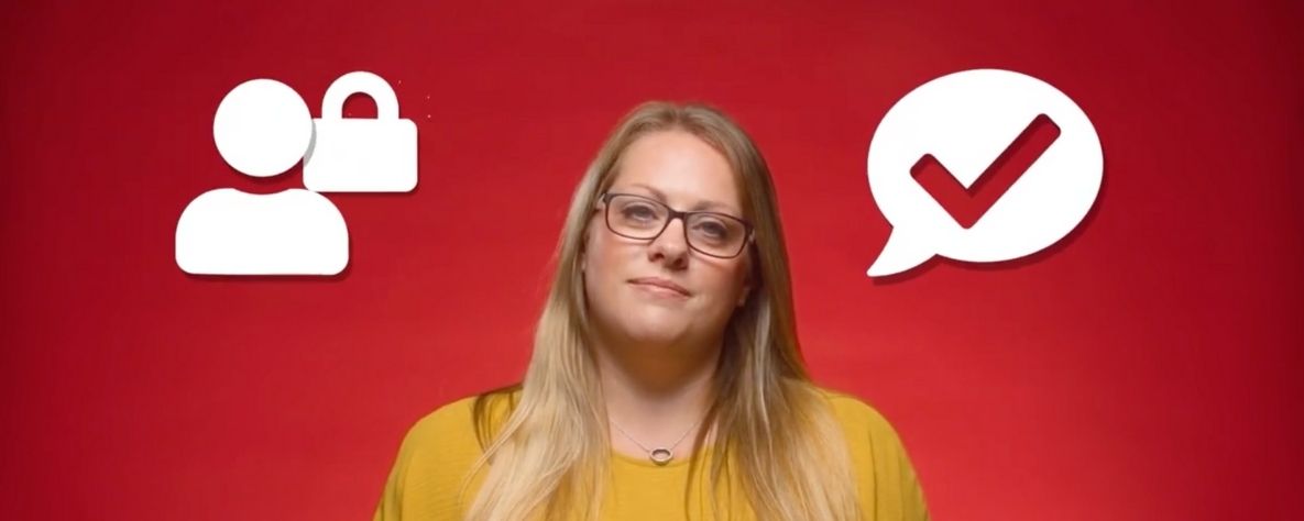 Admissions staff on red background