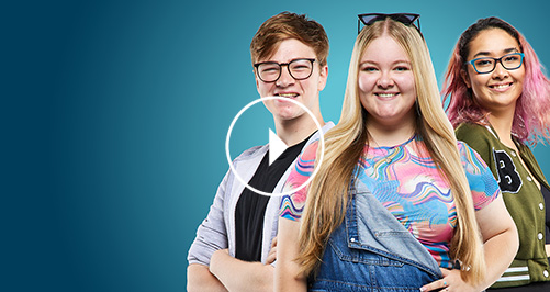 make-it-home-switch Three Coleg Gwent students on a blue background with a play icon