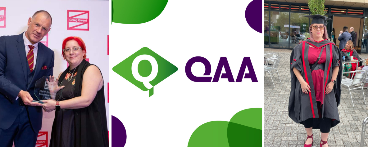 QAA logo and Student at graduation and awards