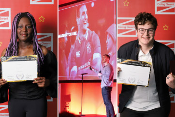 Students with certificates and Sam Warburton speaking at the Learner Awards evening