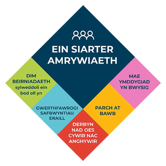 DIM BEIRNIADAETH;GWERTHFAWROGI SAFBWYNTIAU ERAILL;DERBYN NAD OES CYWIR NAC ANGHYWIR;PARCH AT BAWB;MAE YMDDYGIAD YN BWYSIG