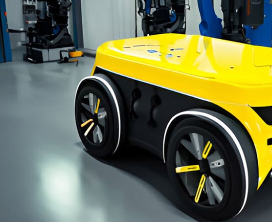 Yellow autonomous vehicle in workshop