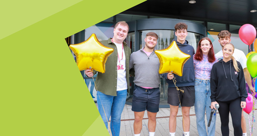 results-day-2025-switch Students outside campus holding balloons